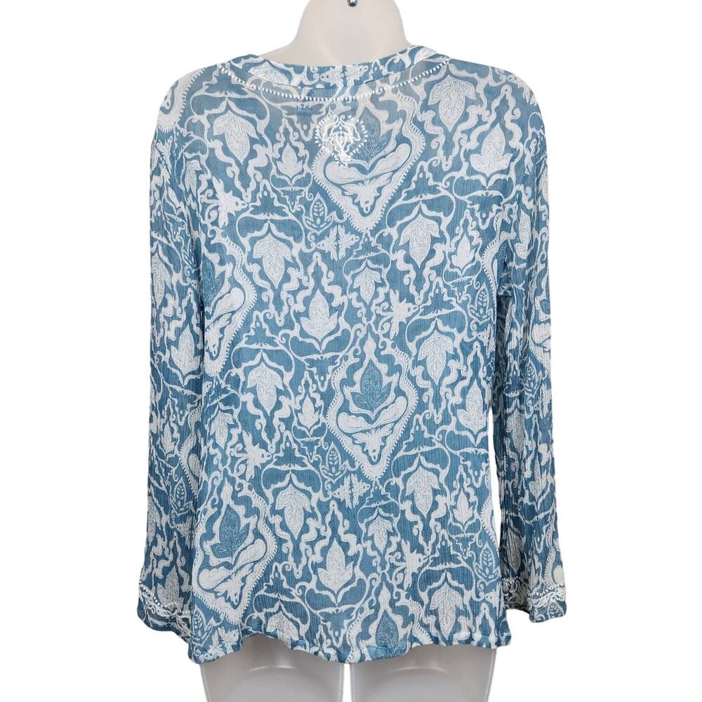🌼Chico's Blouse Womens Size 1 US M/8 Blue White Silk Embroidery Trim Sheer - Picture 2 of 11